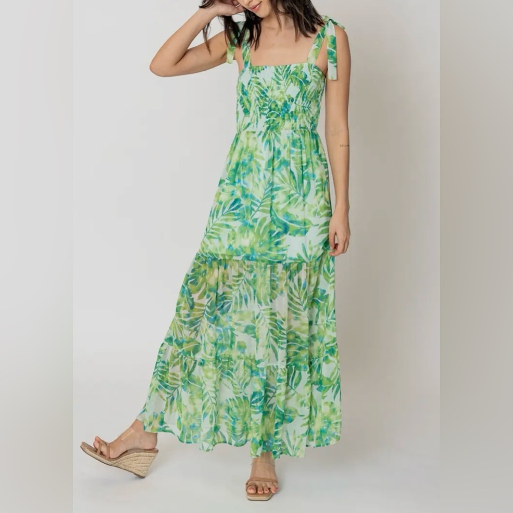 En Crème Tropical Print Smocked Maxi Dress